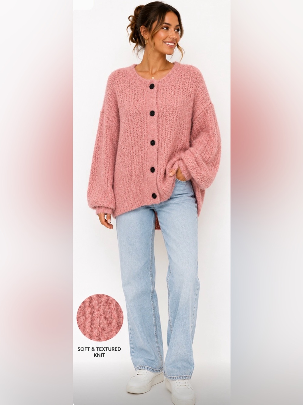 Cozy candy Pink Button-Front Women's Sweater large
